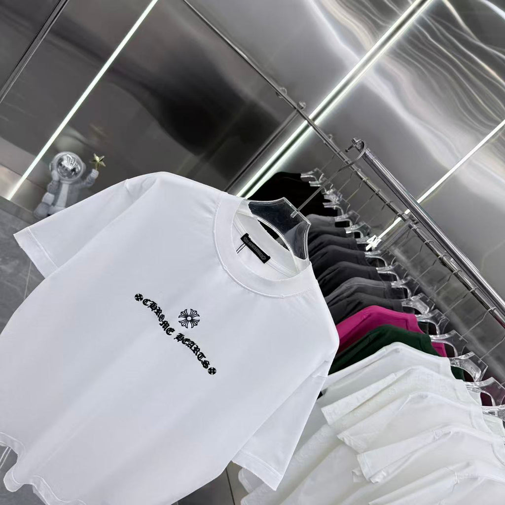 White short-sleeve T-shirt angled view, chest graphic logo