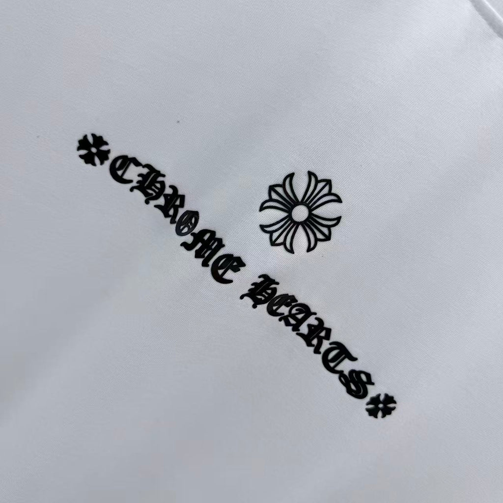 White short-sleeve T-shirt close-up of black graphic text and flower
