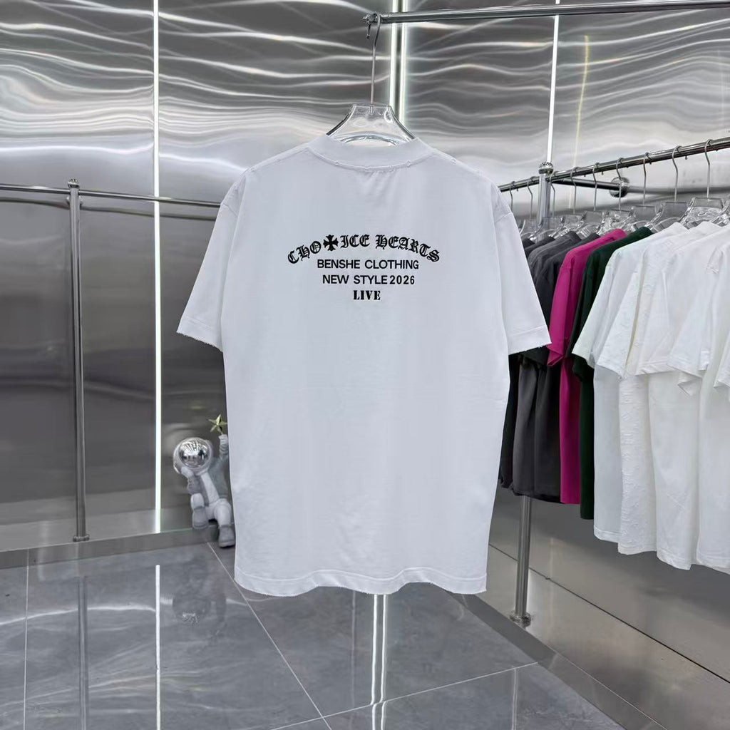 White short-sleeve T-shirt front view with chest graphic logo