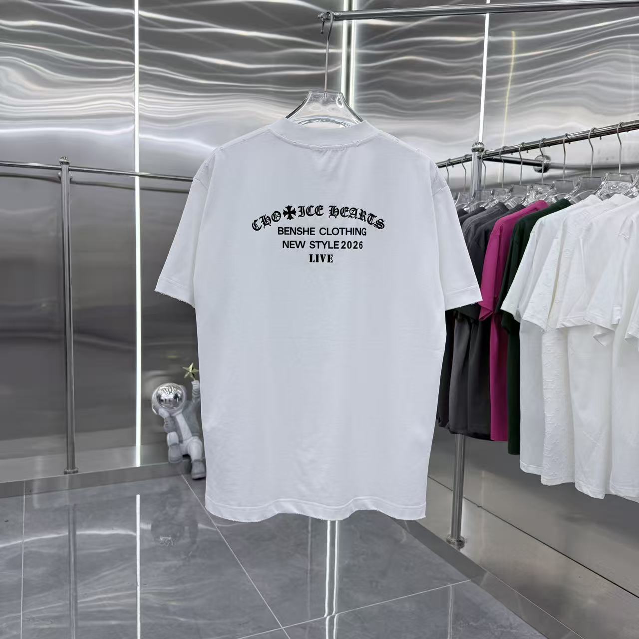 White short-sleeve T-shirt front view with chest graphic logo