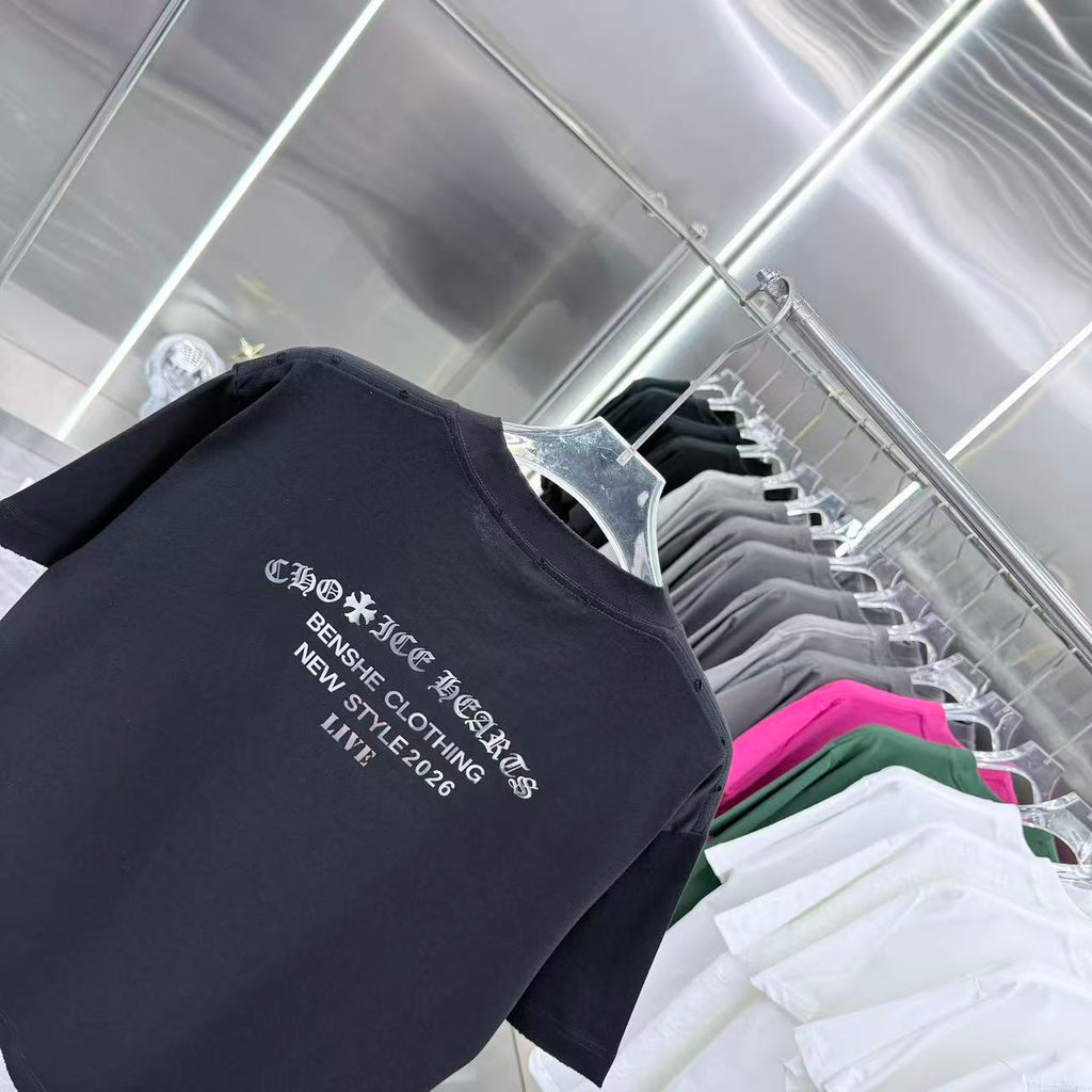Black short-sleeve T-shirt angled view with chest graphic print