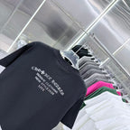 Black short-sleeve T-shirt angled view with chest graphic print