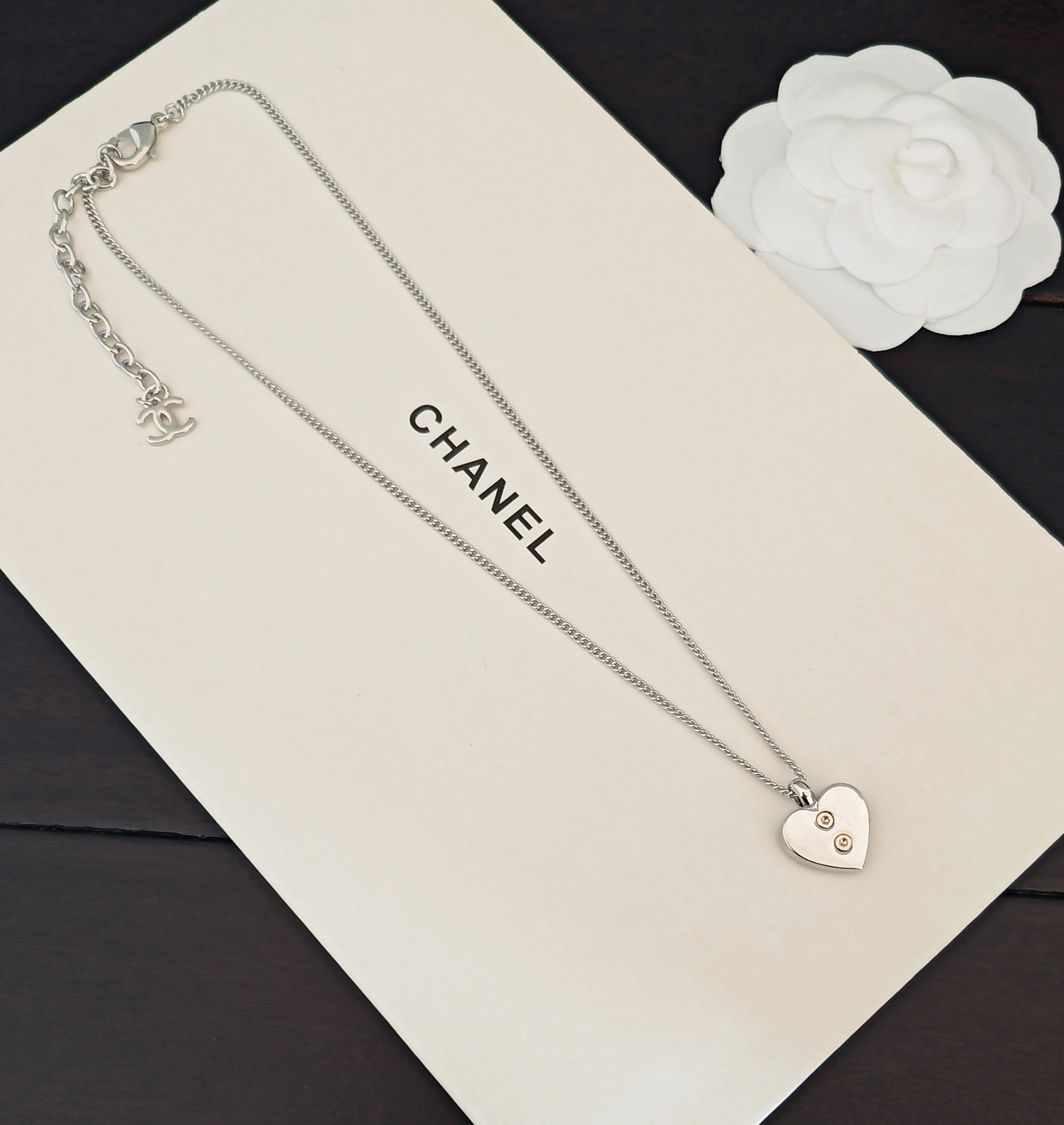 Silver-tone dual chain necklace with heart pendant and small logo charm