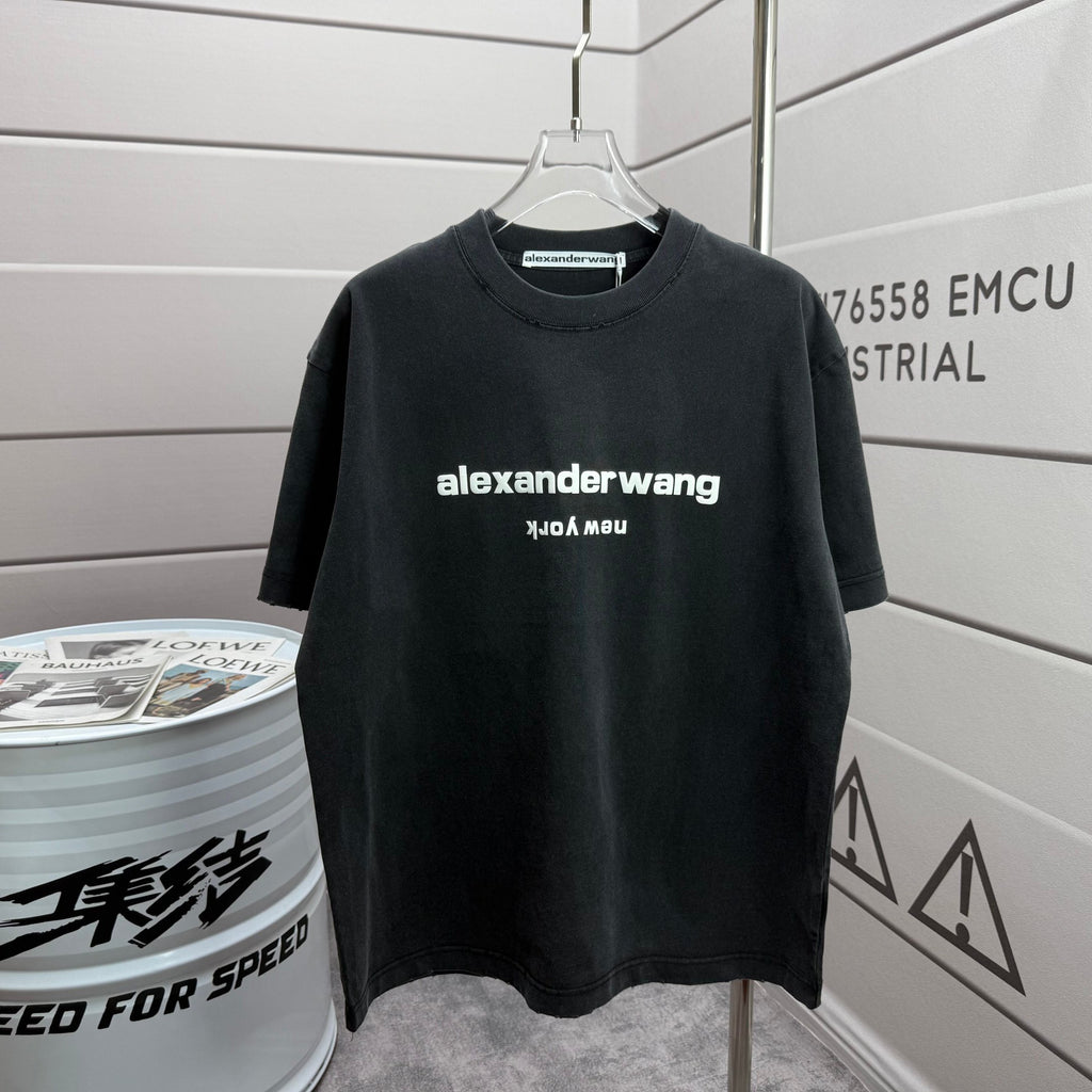 Short-sleeve T-shirt with alexanderwang logo graphic on the front, dark black color
