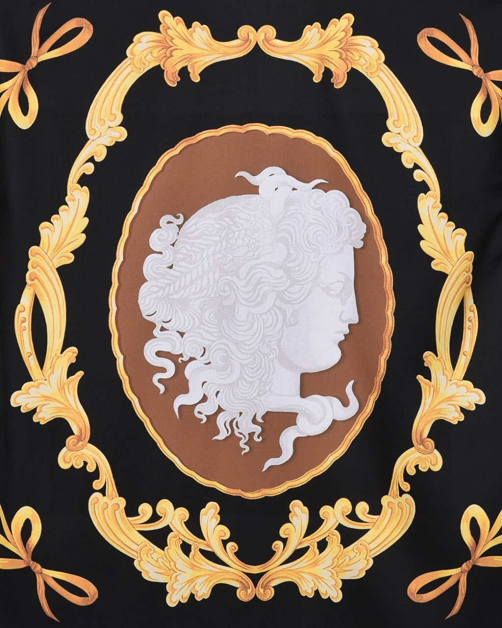 Black shirt with white profile cameo medallion and ornate gold frame and scrollwork