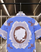 Versace short-sleeve button-up shirt back panel with white framed profile emblem