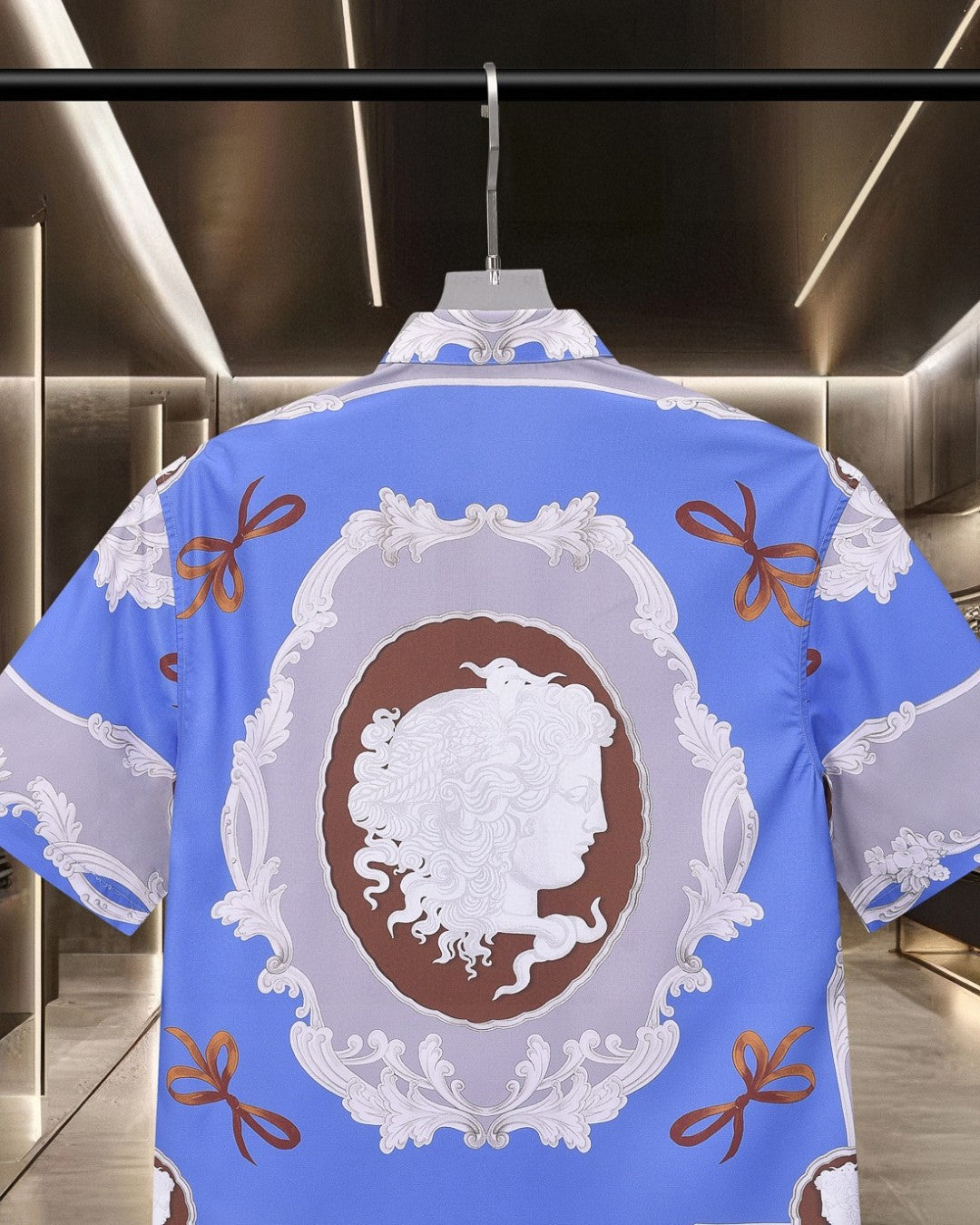Versace short-sleeve button-up shirt back panel with white framed profile emblem