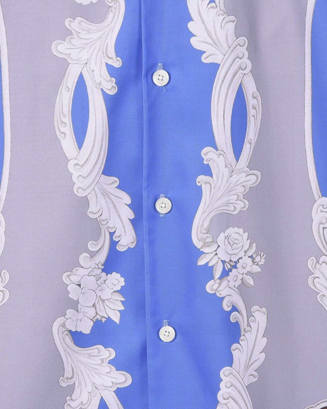 Versace short-sleeve button-up shirt button placket, blue with white floral baroque motifs