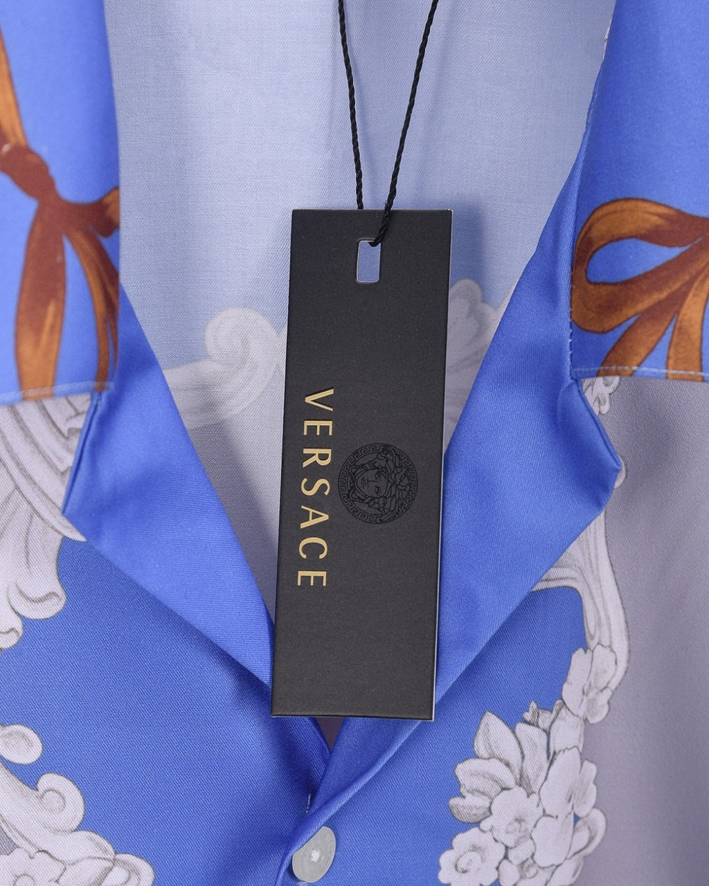 Versace shirt with inner neck label tag, blue and white baroque print
