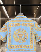 Versace short-sleeve button-up shirt, back close-up, light blue with gold crest ring