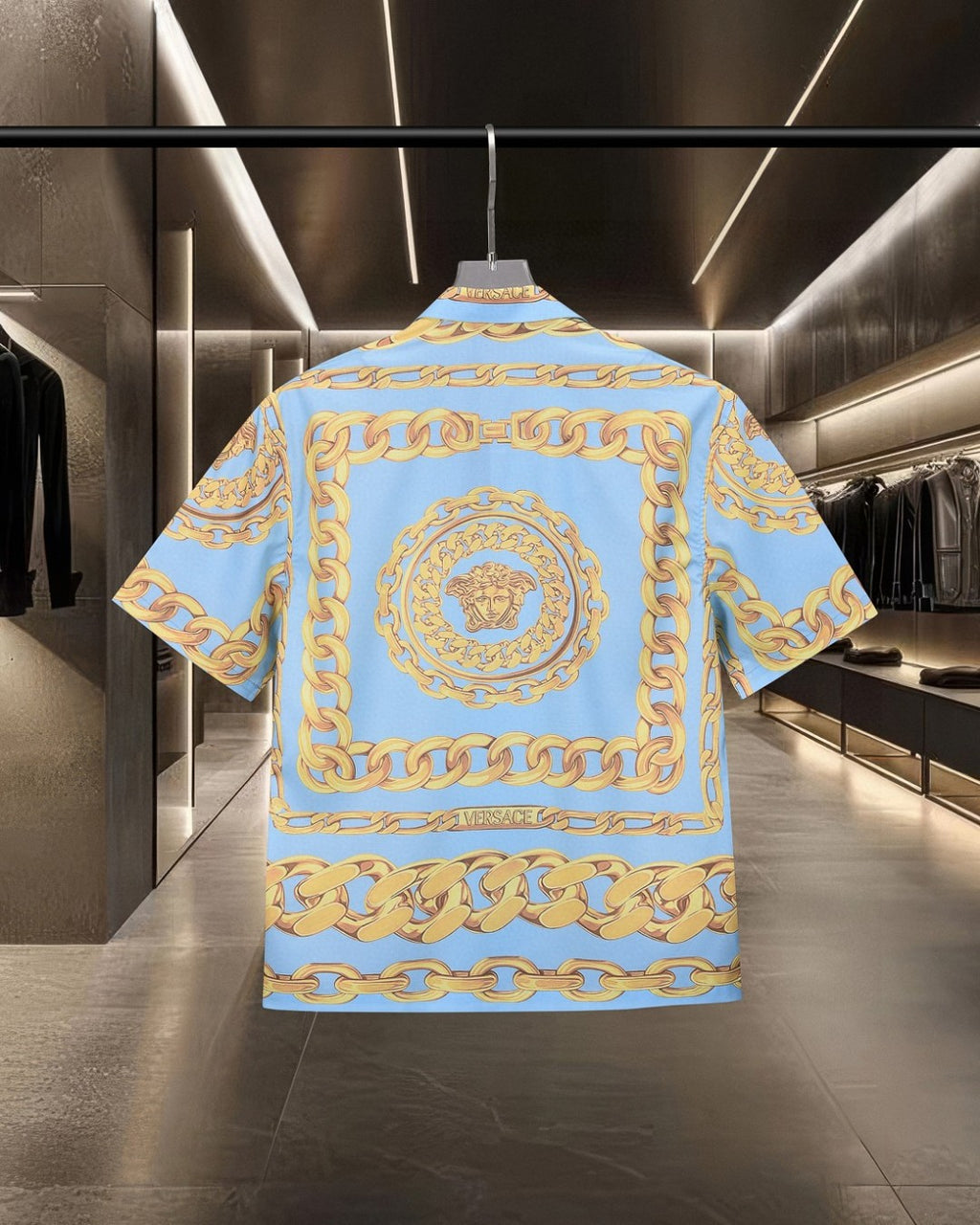 Versace short-sleeve button-up shirt, back view, light blue with gold chain and crest