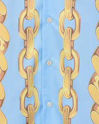 Versace short-sleeve shirt front close-up, light blue with gold chain print and buttons
