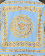 Versace shirt back center: light blue with gold chain border and Medusa crest