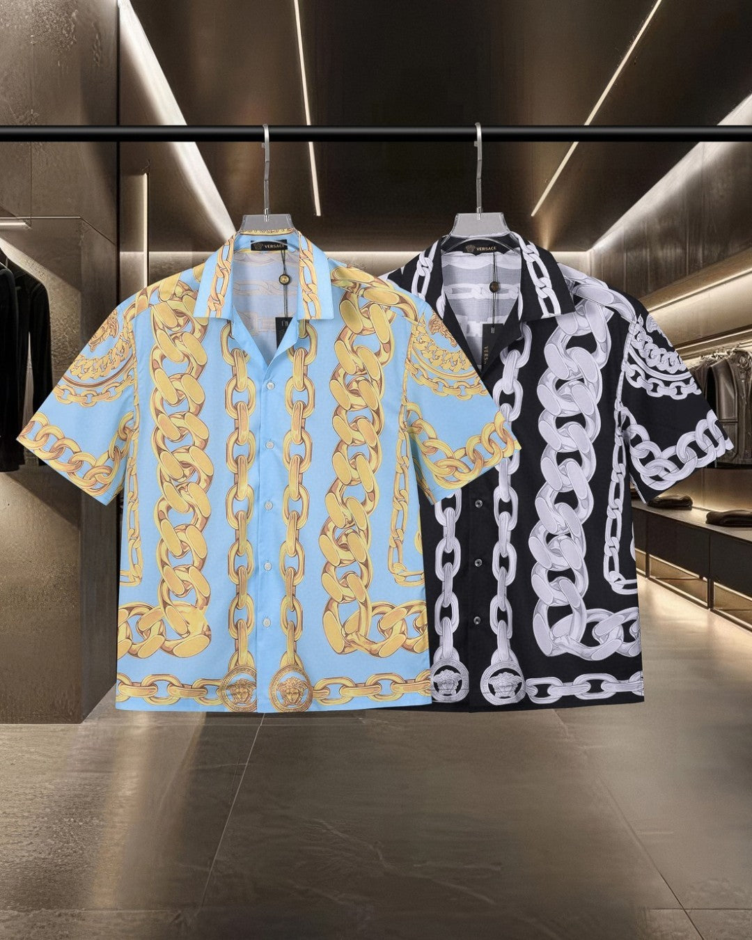 Pair of chain-print button-up shirts, blue and black with white links
