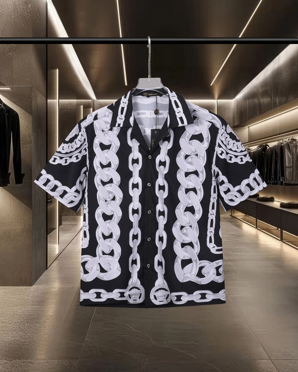 Versace black short-sleeve shirt with white chain link pattern, button front