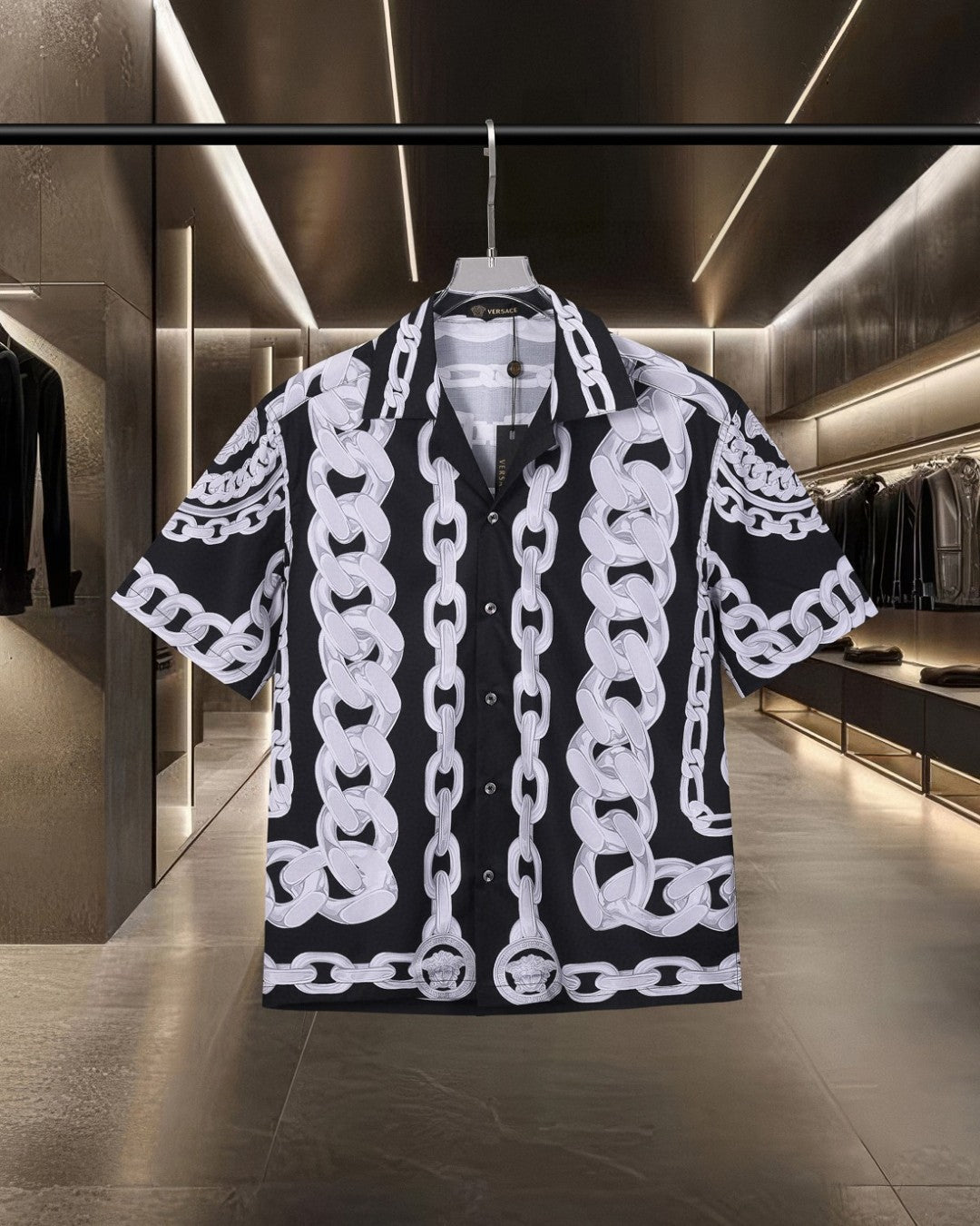 Versace black short-sleeve shirt with white chain link pattern, button front
