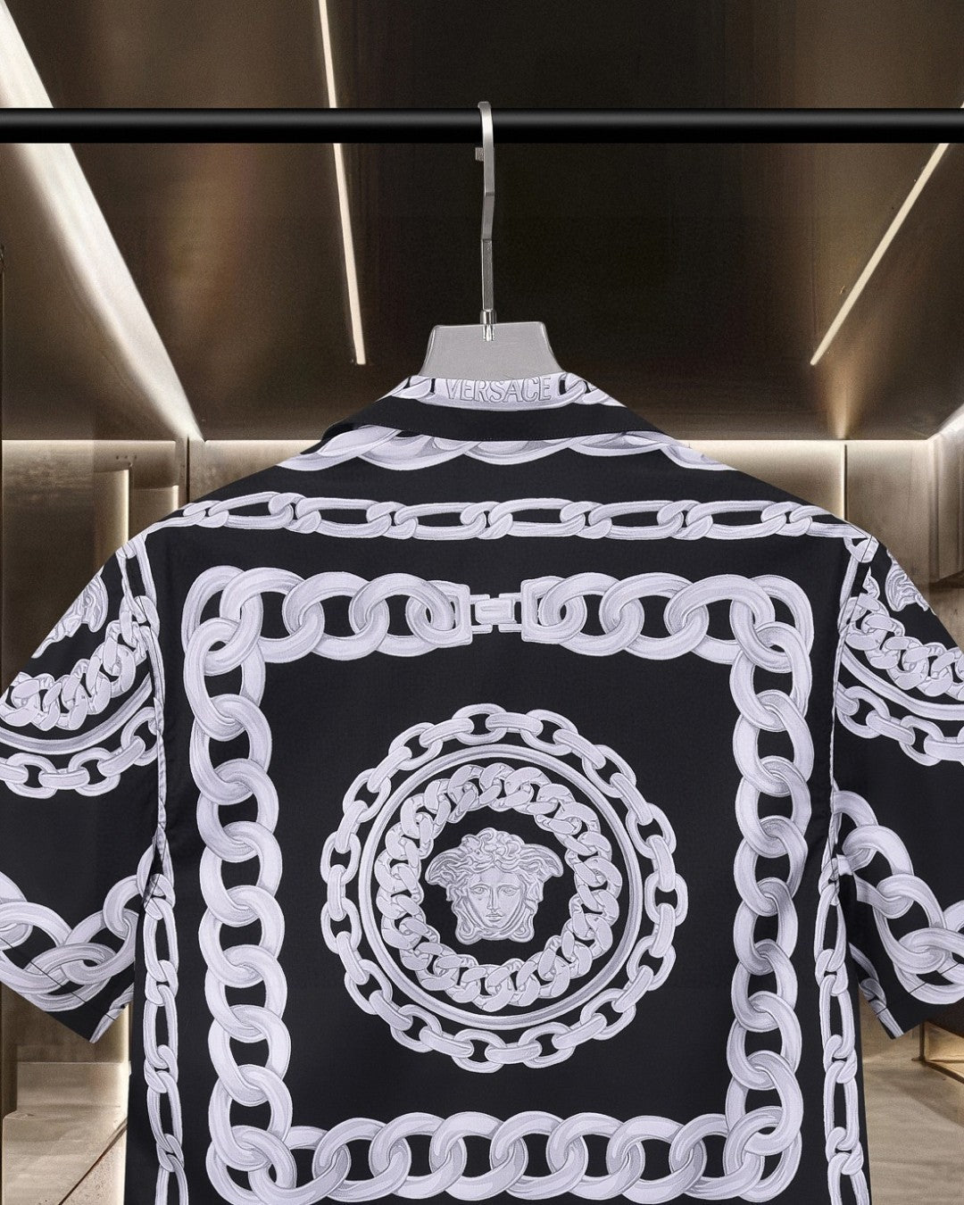 Versace black short-sleeve shirt with white round medallion chain print, button front