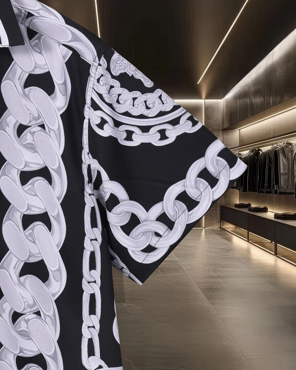 Versace black short-sleeve shirt with white chain-link trim and lace-like pattern