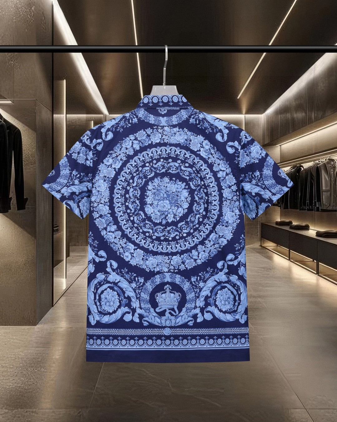 Versace blue short-sleeve shirt with large medallion floral baroque print on back