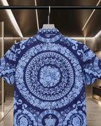Versace blue short-sleeve shirt with symmetrical baroque medallion floral print on back