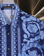 Blue printed shirt sleeve and placket with baroque medallion stripe and floral scrolls