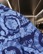 Versace blue short-sleeve shirt with dense floral and scroll baroque pattern