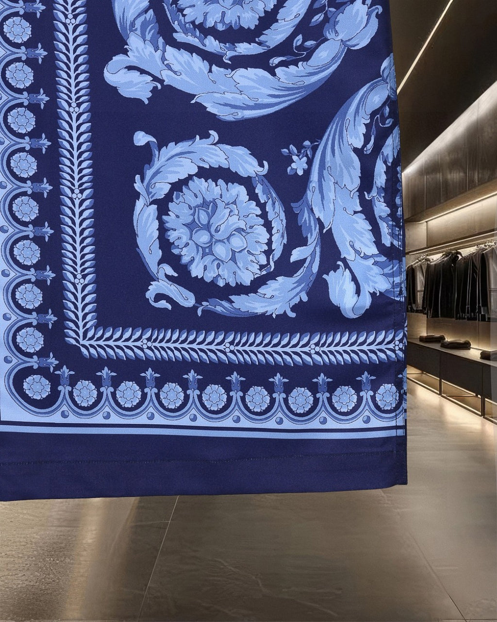 Versace blue patterned scarf with ornate border and floral motifs