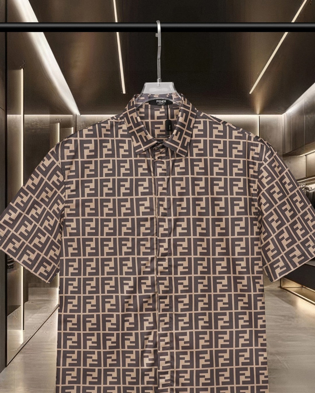 Fendi short-sleeve shirt with FF logo pattern, front view, open collar