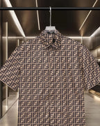 Fendi short-sleeve shirt with FF logo pattern, front view, open collar