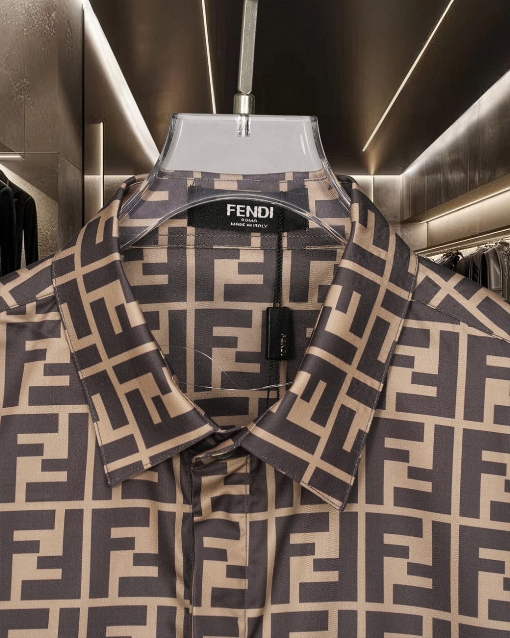Fendi short-sleeve shirt with FF logo pattern, neckline and front logo label