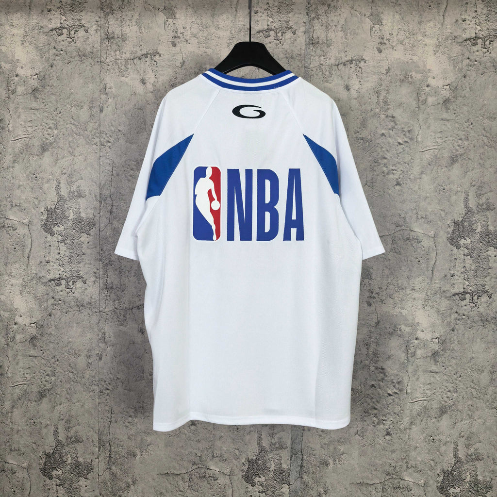 Balenciaga short-sleeve jersey, white with blue trim, “NBA” back graphic