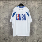 Balenciaga short-sleeve jersey, white with blue trim, “NBA” back graphic