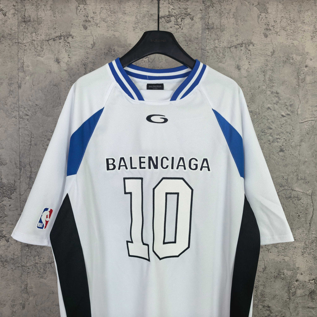 Balenciaga short-sleeve jersey, white with blue collar and side stripes, “BALENCIAGA 10” front