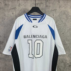 Balenciaga short-sleeve jersey, white with blue collar and side stripes, “BALENCIAGA 10” front
