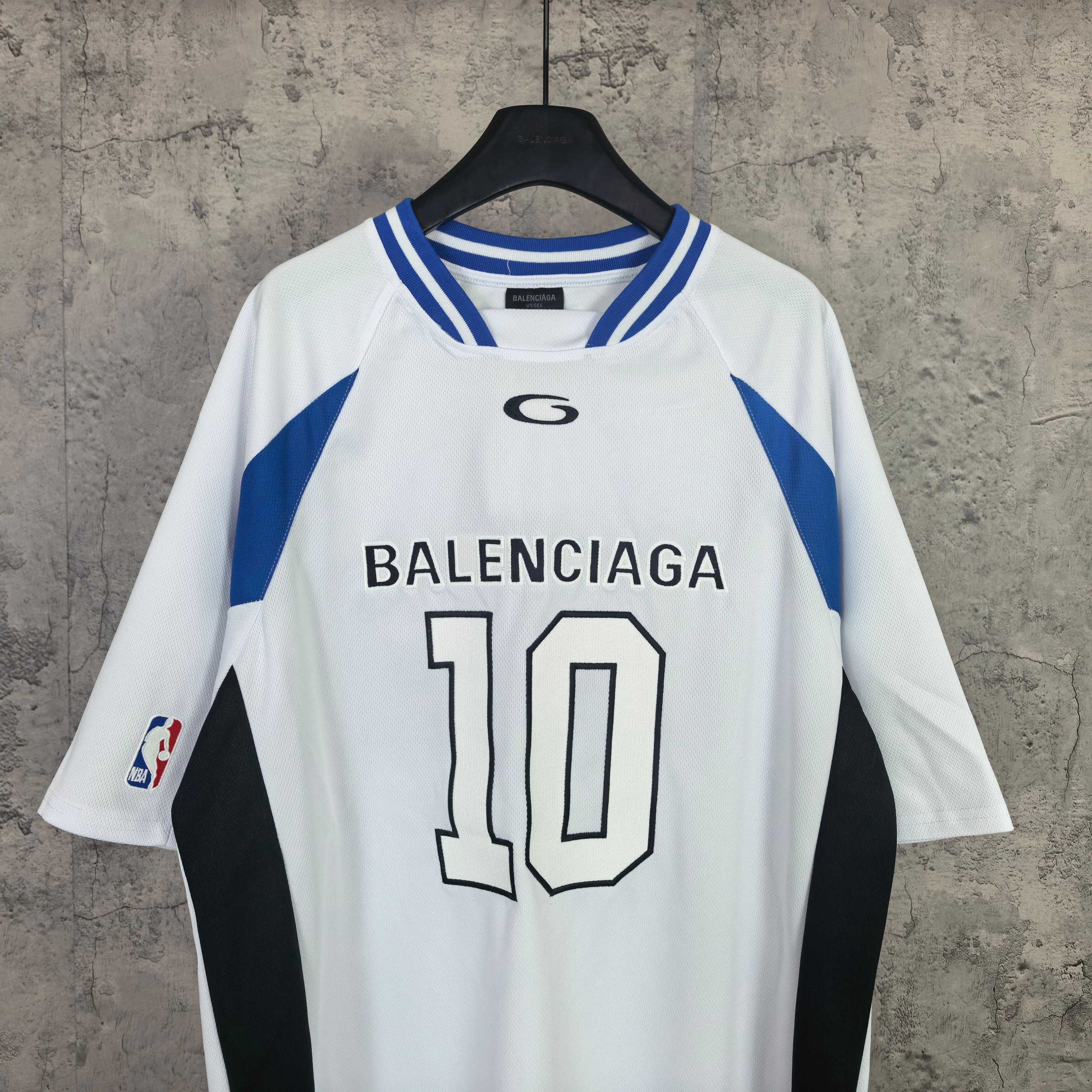 Balenciaga short-sleeve jersey, white with blue collar and side stripes, “BALENCIAGA 10” front