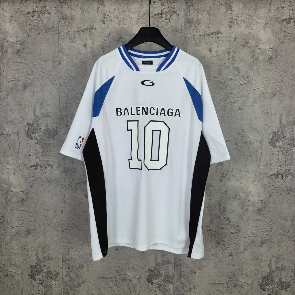Balenciaga short-sleeve jersey, white with blue trim, black side panels, “BALENCIAGA 10” front graphic
