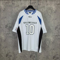 Balenciaga short-sleeve jersey, white with blue trim, black side panels, “BALENCIAGA 10” front graphic