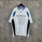 Balenciaga short-sleeve jersey, white with blue trim, black side panels, “BALENCIAGA 10” front graphic