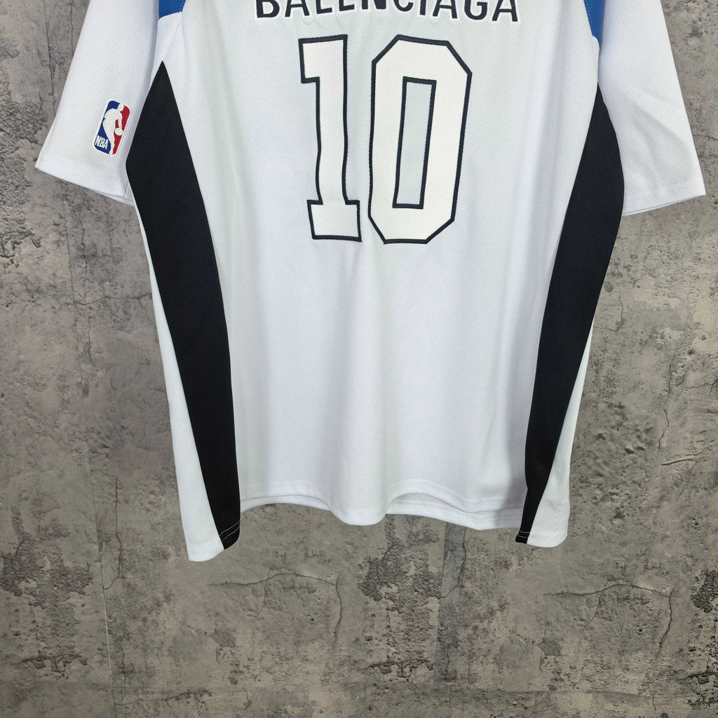 Balenciaga graphic jersey top with number 10 front and blue/white side stripes