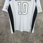 Balenciaga graphic jersey top with number 10 front and blue/white side stripes