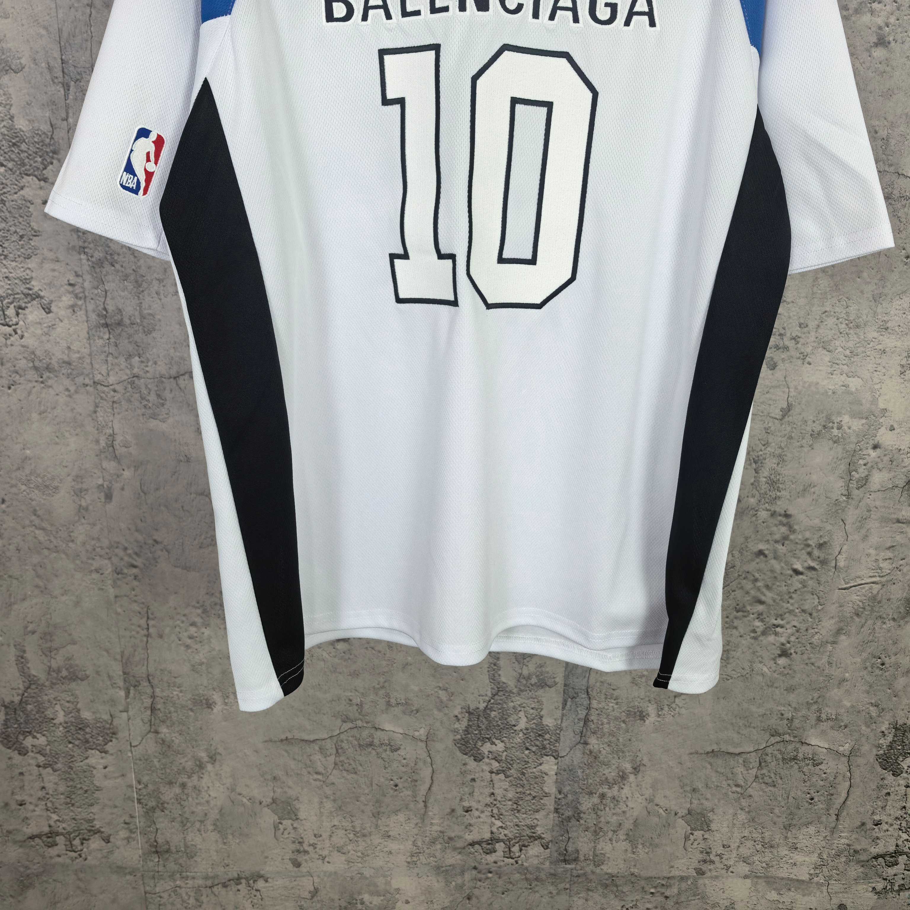 Balenciaga graphic jersey top with number 10 front and blue/white side stripes