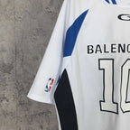 Balenciaga short-sleeve jersey close-up, blue sleeve stripe and partial “BALENCIAGA 10”