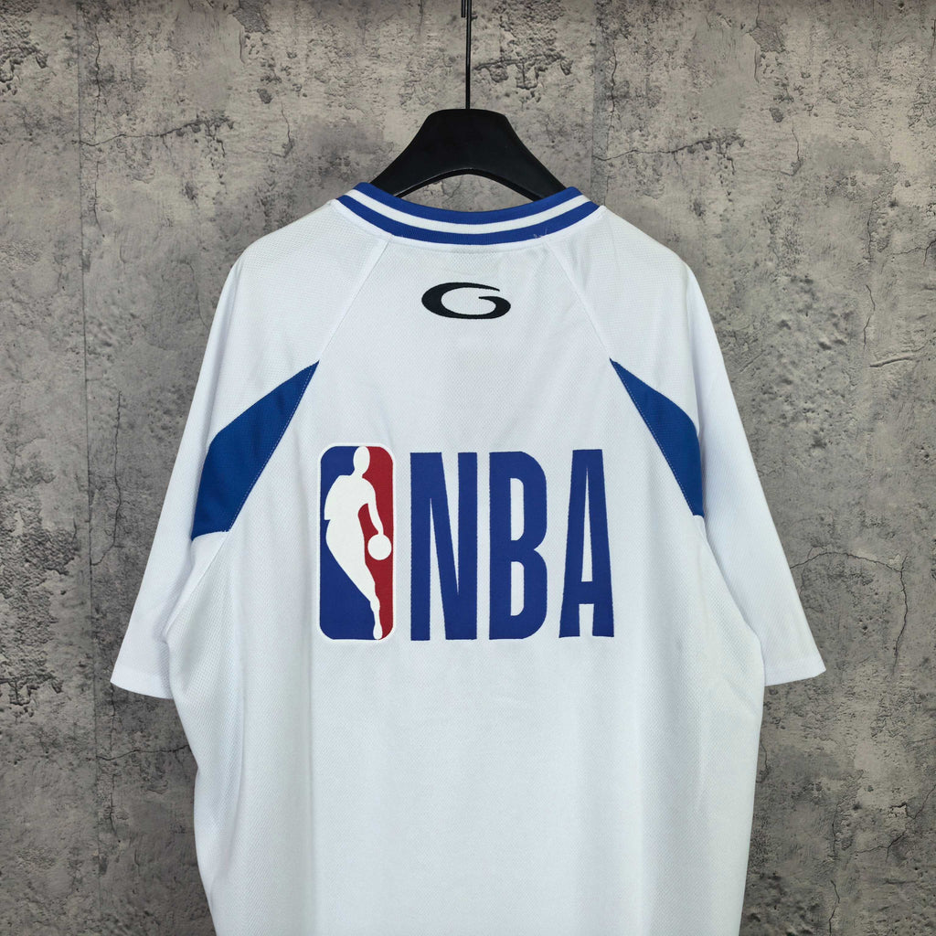 Balenciaga short-sleeve jersey, back view, white with blue side stripes, “NBA” graphic