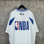 Balenciaga short-sleeve jersey, back view, white with blue side stripes, “NBA” graphic