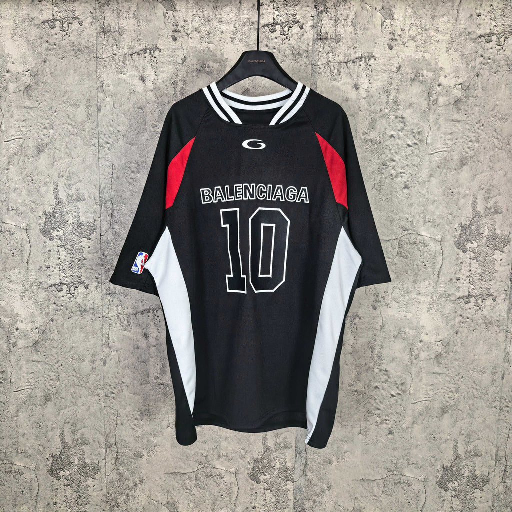 Black basketball jersey with BALENCIAGA 10 graphic, red accents and striped collar