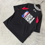Black NBA basketball jersey with NBA logo, red side accents and striped collar trim