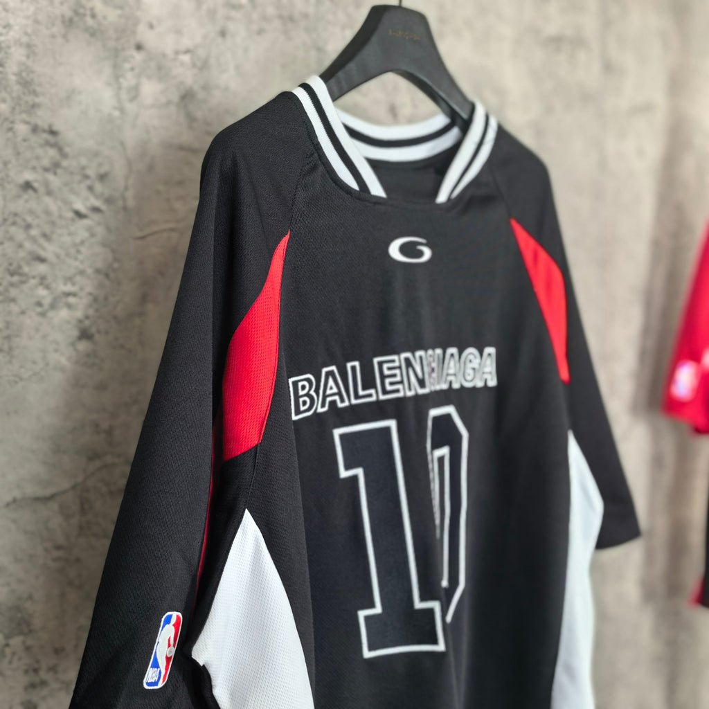 Black jersey with BALENCIAGA 10 print, red and white sleeve panels, striped collar