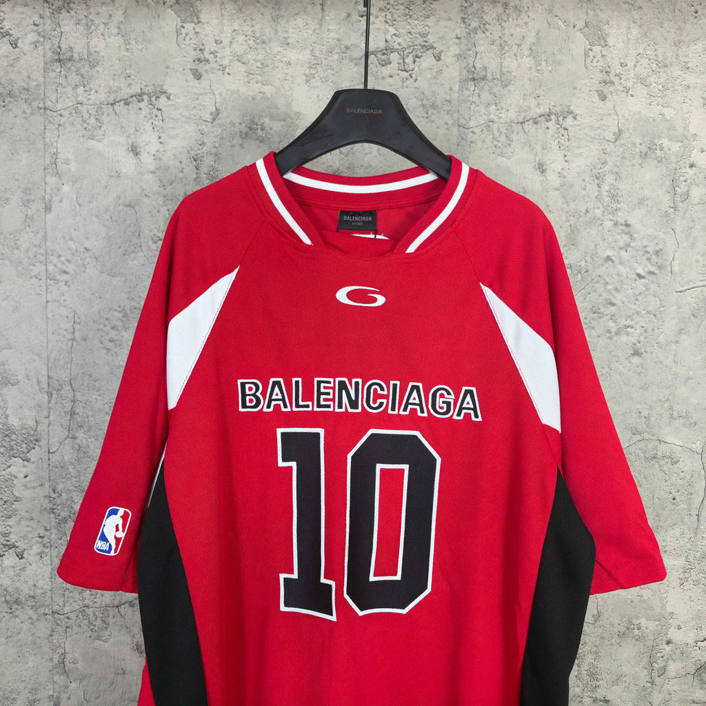 Red short-sleeve jersey with BALENCIAGA 10 front print and white sleeve stripes