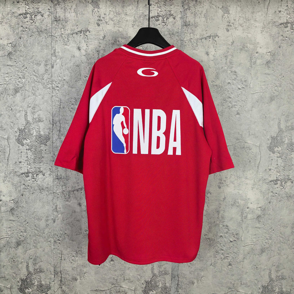 Red short-sleeve jersey with NBA back logo print and white shoulder stripes
