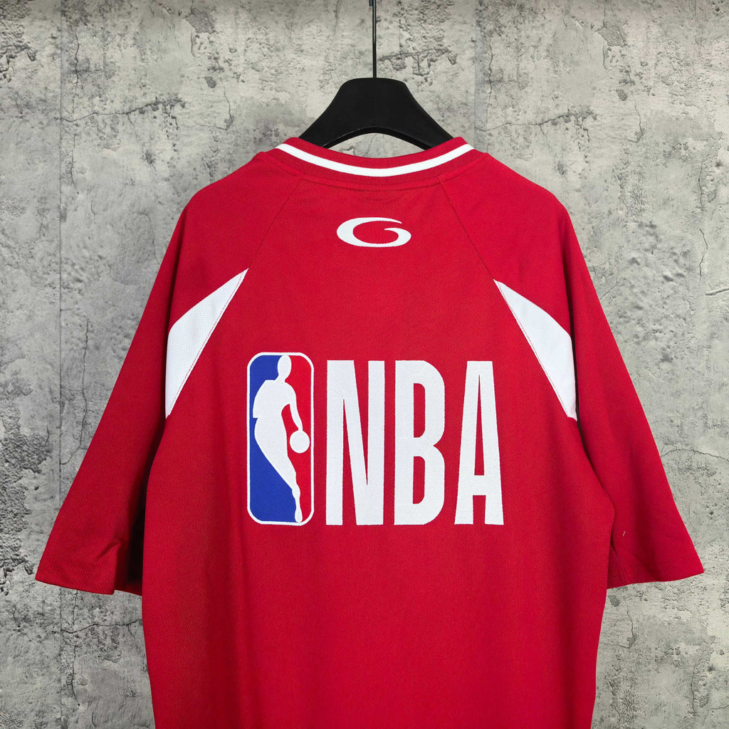 Red short-sleeve jersey with NBA back logo print and white shoulder stripes